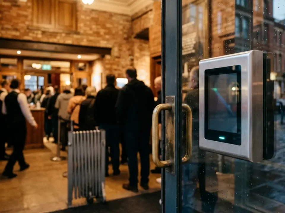 Access control reader at a Manchester venue entrance for Martyn’s Law readiness