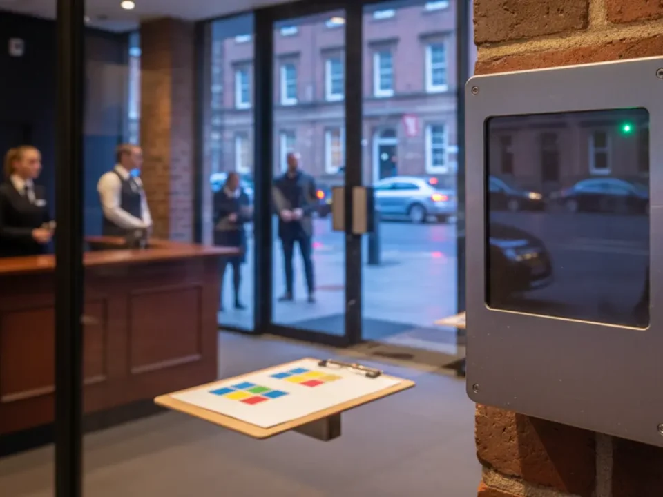 Access control reader at a UK venue entrance for Martyn’s Law business readiness