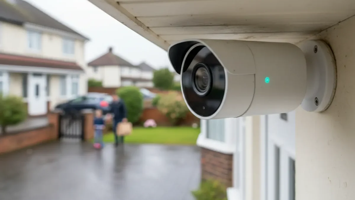 Wireless home security camera on a UK semi-detached porch for best home CCTV coverage