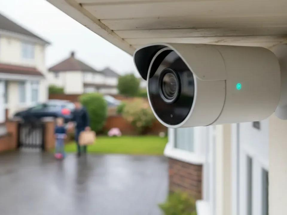 Wireless home security camera on a UK semi-detached porch for best home CCTV coverage
