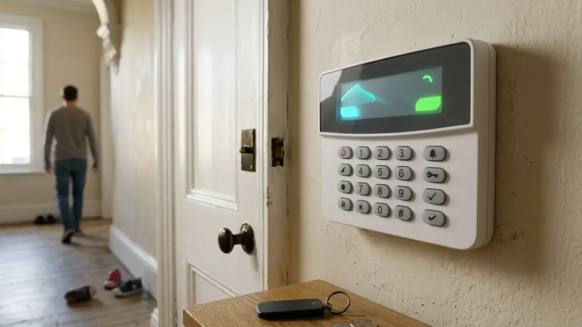 Alarm Grades Explained: Grade 2 intruder alarm keypad in a UK Victorian hallway