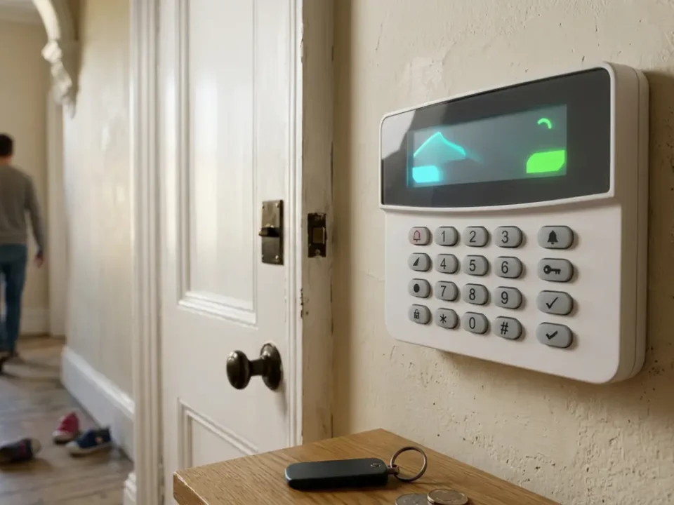 Alarm Grades Explained: Grade 2 intruder alarm keypad in a UK Victorian hallway