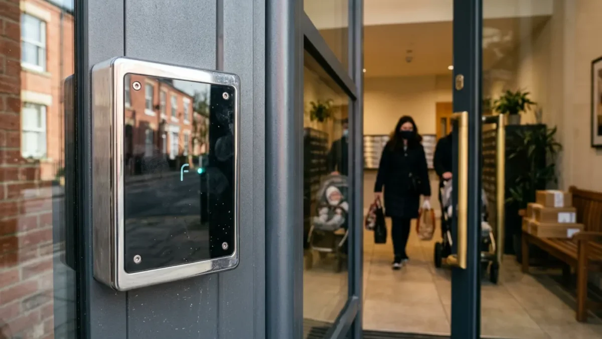 Access control fob reader securing a UK apartment block entrance for improved flat security