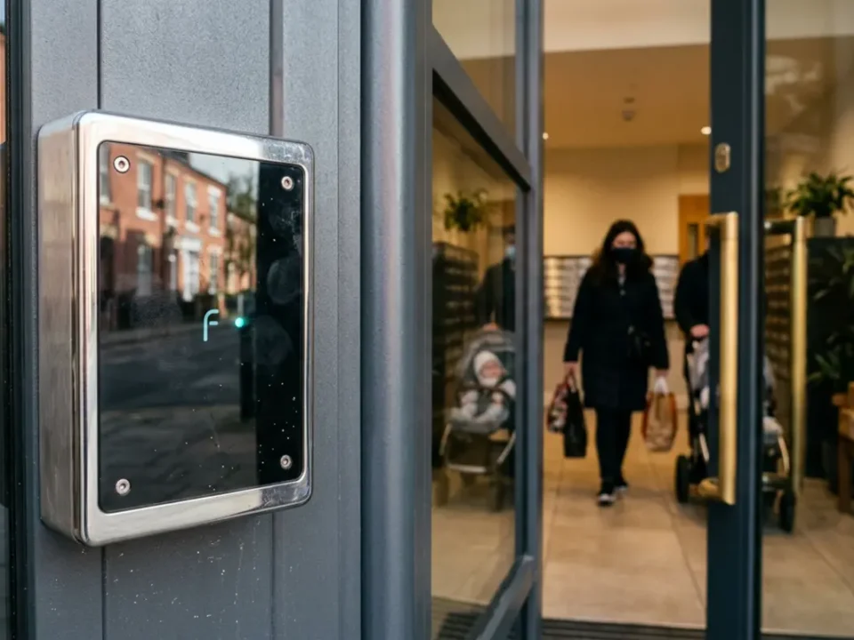 Access control fob reader securing a UK apartment block entrance for improved flat security