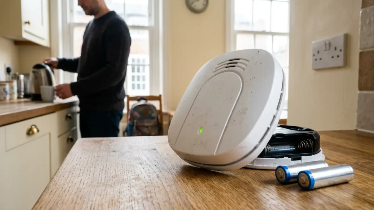 How Long Do Wireless Alarm Batteries Last shown with an opened smoke alarm in a UK kitchen