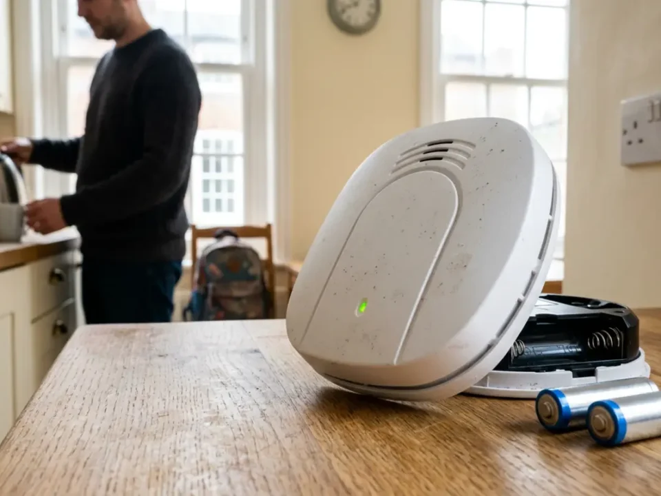 How Long Do Wireless Alarm Batteries Last shown with an opened smoke alarm in a UK kitchen