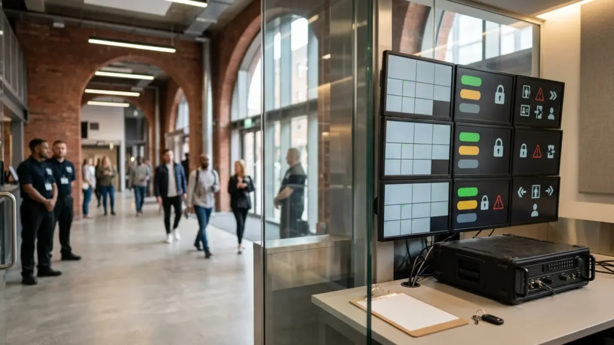 Unbranded monitoring wall in a Manchester venue control room for Martyn’s Law regulation planning