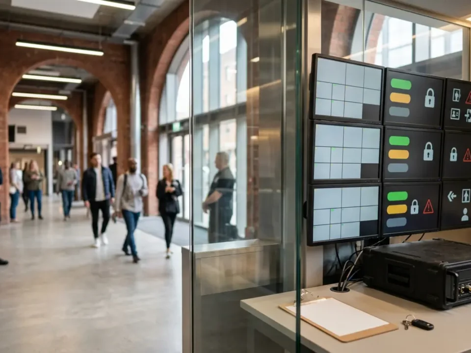 Unbranded monitoring wall in a Manchester venue control room for Martyn’s Law regulation planning