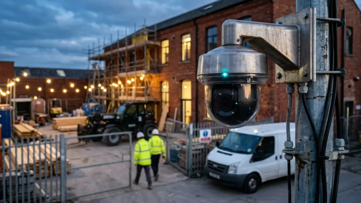PTZ construction site security camera overlooking a Manchester building site to prevent theft