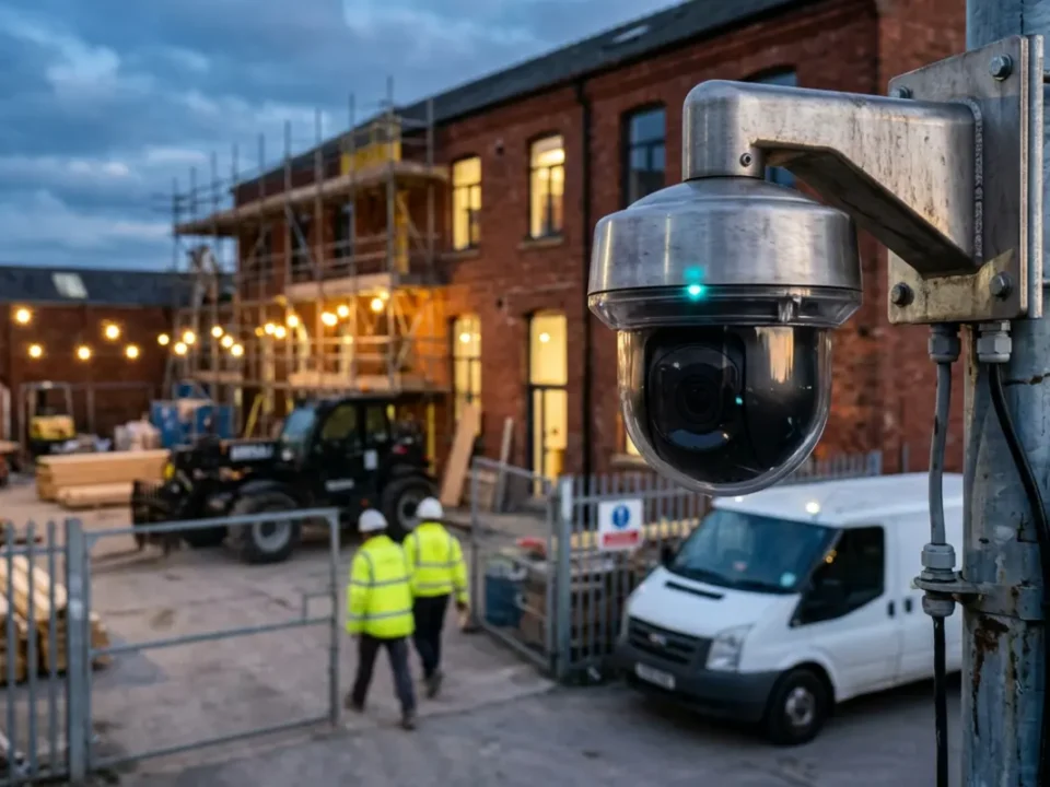 PTZ construction site security camera overlooking a Manchester building site to prevent theft