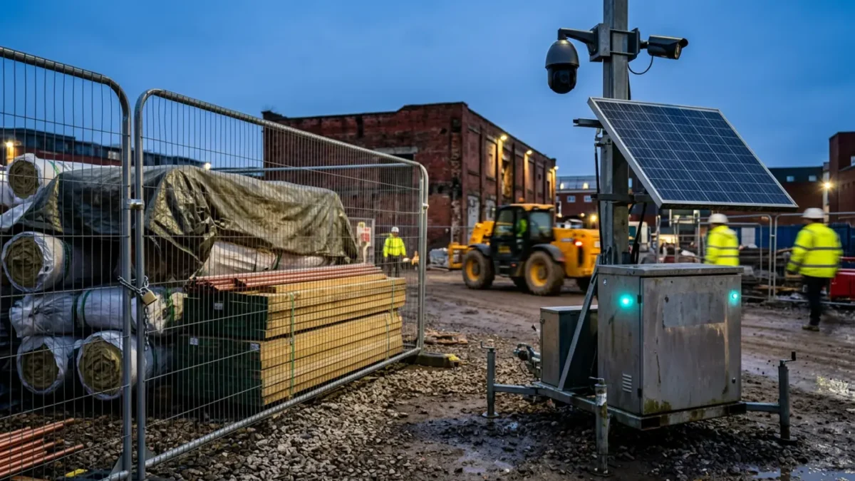 Mobile CCTV tower on a UK building site for How to Protect Building Materials from Site Theft