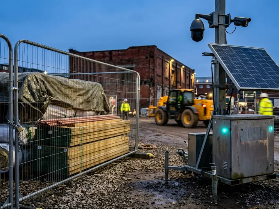 Mobile CCTV tower on a UK building site for How to Protect Building Materials from Site Theft