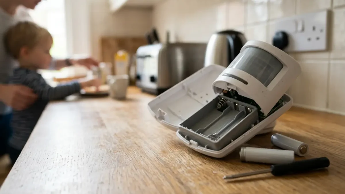 Opened PIR sensor in a UK kitchen for Replace Batteries in a Wireless House Alarm