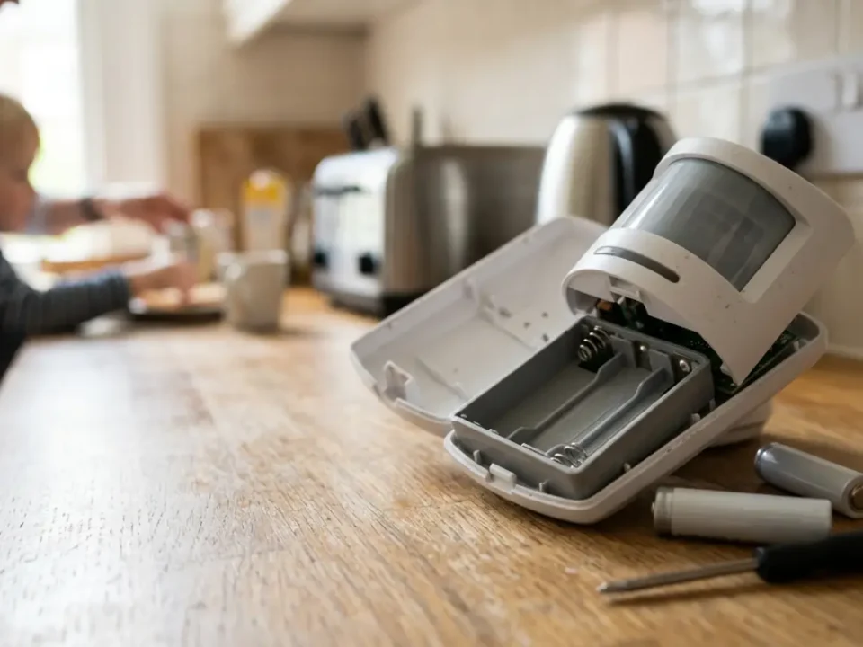Opened PIR sensor in a UK kitchen for Replace Batteries in a Wireless House Alarm