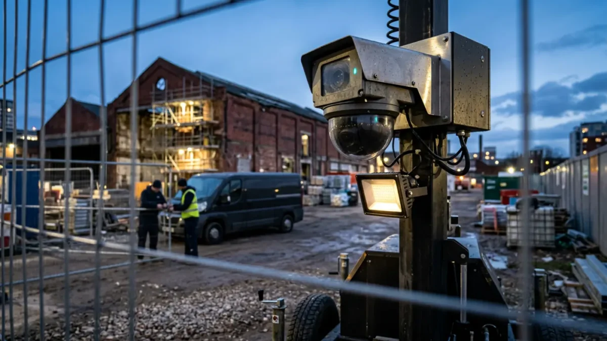 Mobile CCTV tower on UK construction site for How to Secure a Construction Site at Night