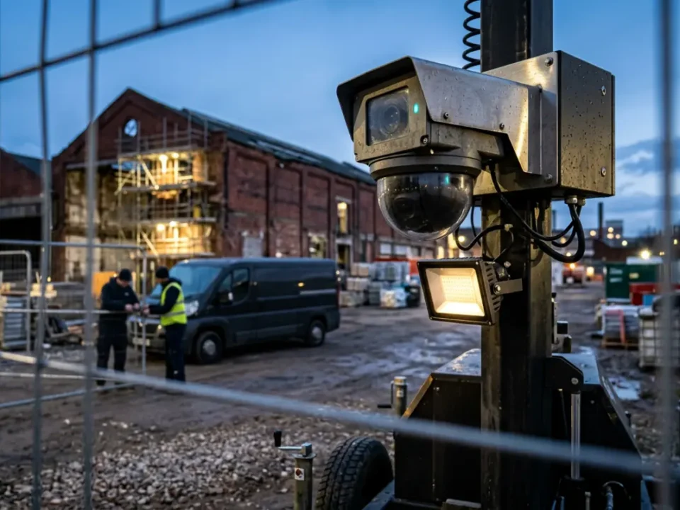 Mobile CCTV tower on UK construction site for How to Secure a Construction Site at Night