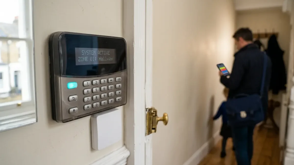 Intruder alarm keypad in a UK hallway for Monitored vs Unmonitored Alarms advice.