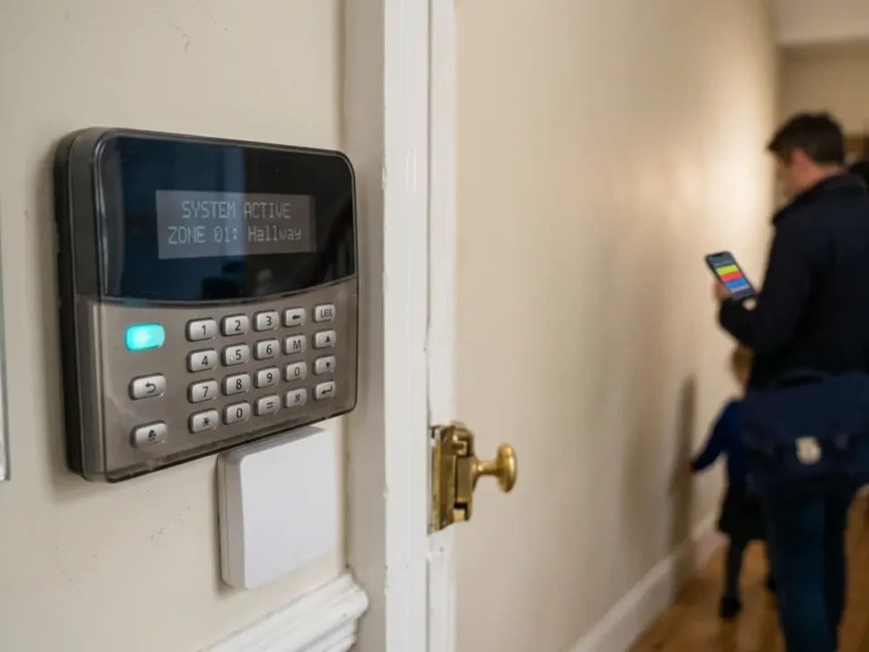 Intruder alarm keypad in a UK hallway for Monitored vs Unmonitored Alarms advice.