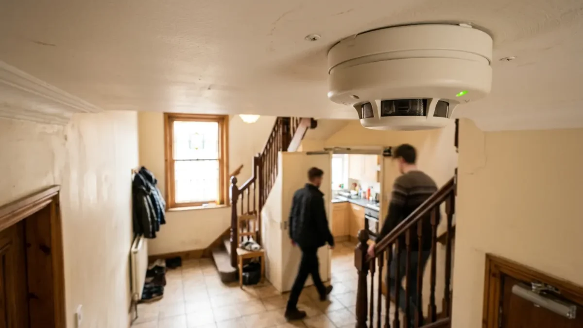HMO smoke detector in a Manchester shared hallway for Fire Alarm Requirements for HMOs in the UK
