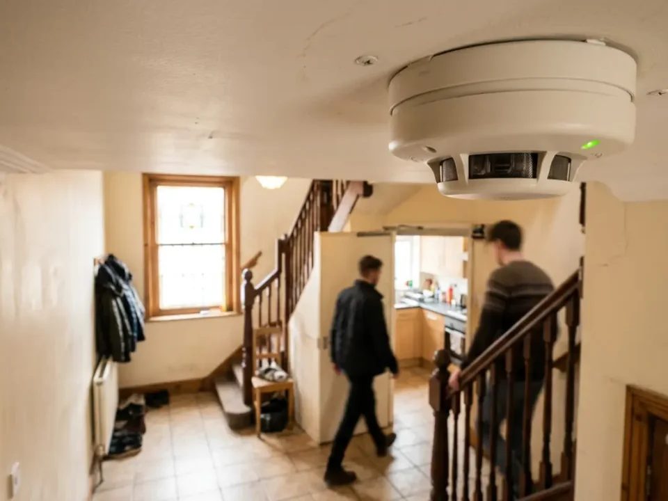 HMO smoke detector in a Manchester shared hallway for Fire Alarm Requirements for HMOs in the UK