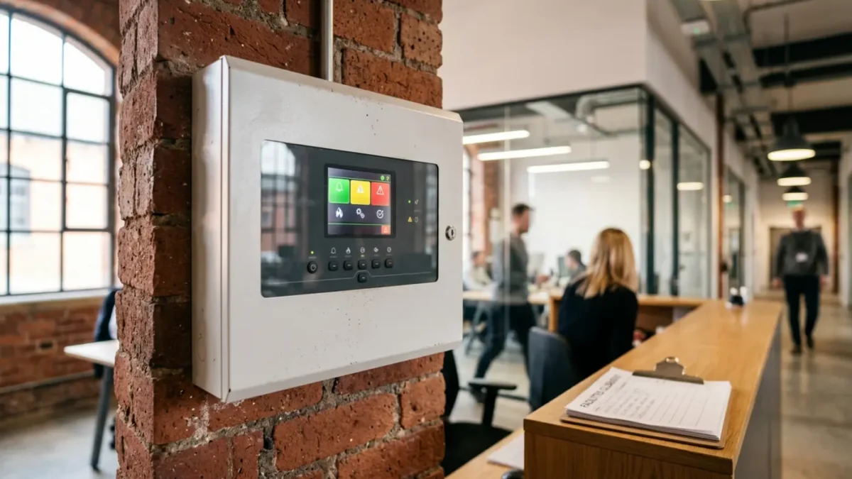 Addressable fire alarm panel in a Manchester office for commercial fire alarm system choice