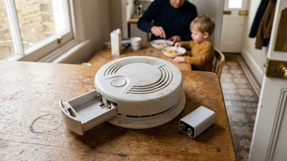 Domestic smoke alarm with battery on a UK kitchen table for fire alarm beeping advice