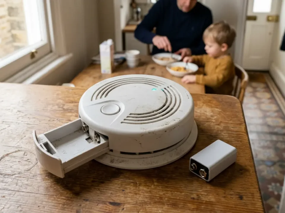 Domestic smoke alarm with battery on a UK kitchen table for fire alarm beeping advice