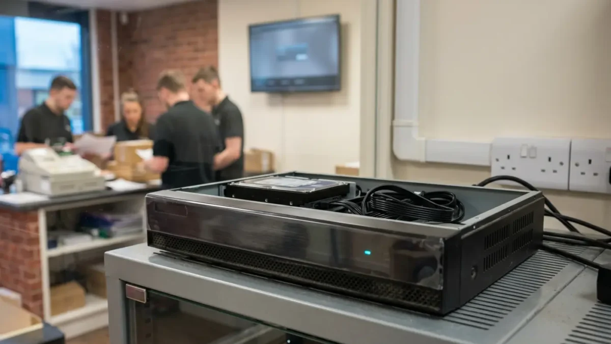 NVR recorder in a Manchester shop back office for CCTV camera not recording troubleshooting.