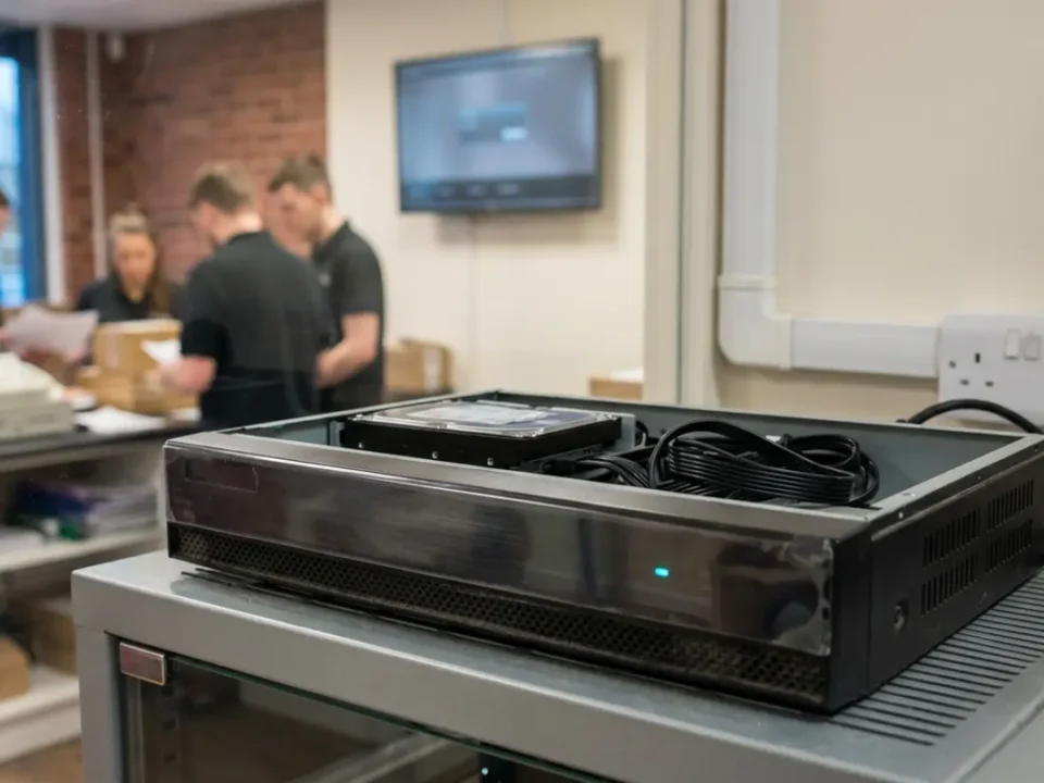 NVR recorder in a Manchester shop back office for CCTV camera not recording troubleshooting.